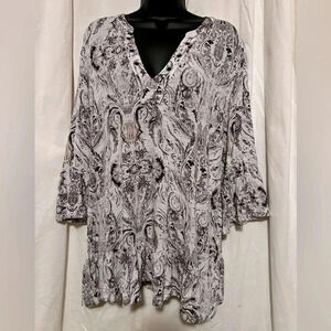 Tribal Women's Sz TG/XL Black/Wht/Pink Accents Butterfly Sleeve Tunic V Neck